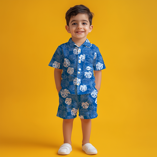Indigo Botanical Shirt & Shorts Kids Co-ord Set