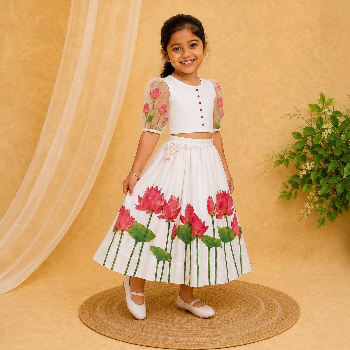 Lotus Print Lehnga with Printed Organza Puff Sleeves