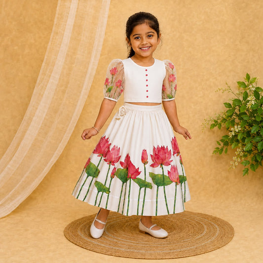 Lotus Print Lehnga with Printed Organza Puff Sleeves