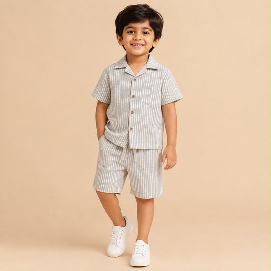 White Striped Shirt & Shorts Co-Ord Set