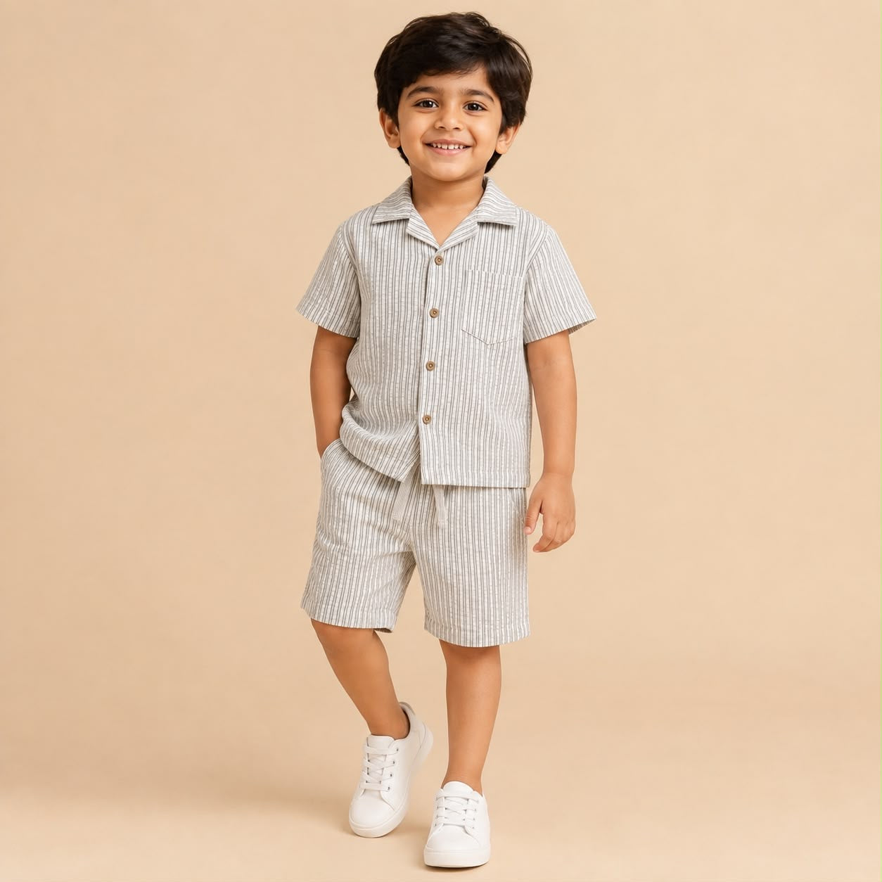 White Striped Shirt & Shorts Co-Ord Set