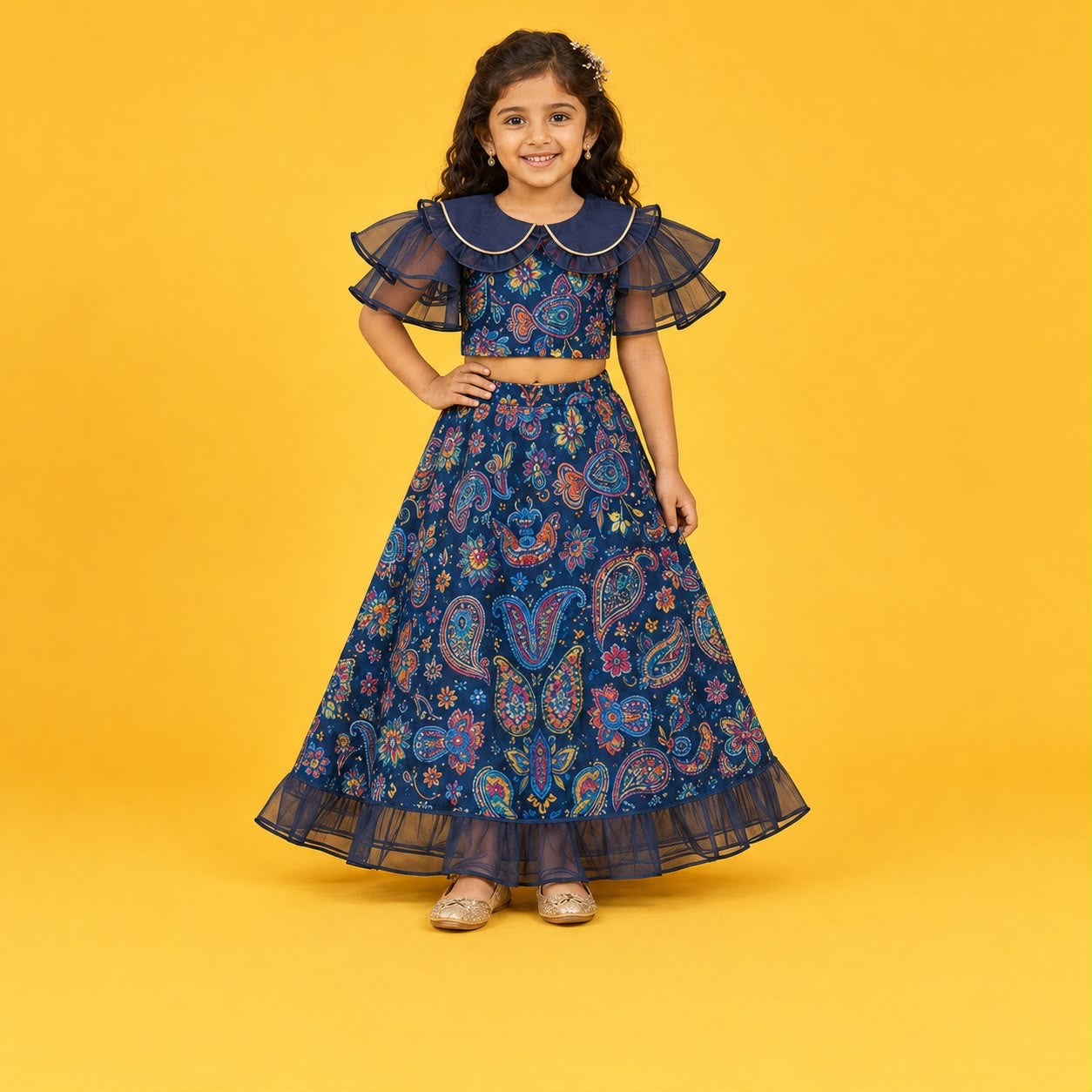 Navy Blue Paisley Printed Lehenga Choli Set with Ruffle Sleeves
