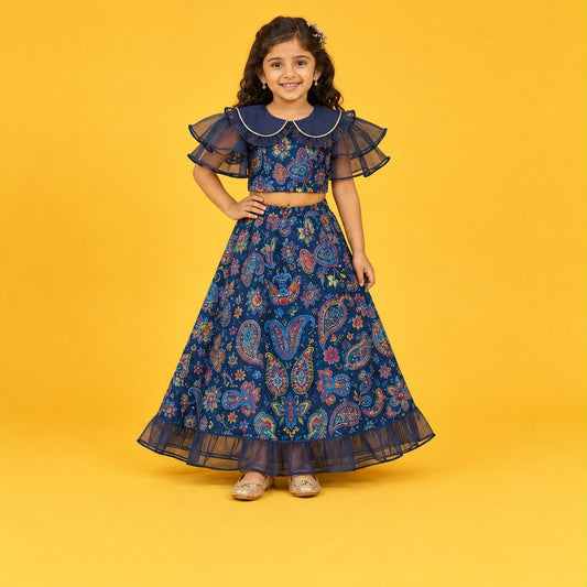 Navy Blue Paisley Printed Lehenga Choli Set with Ruffle Sleeves