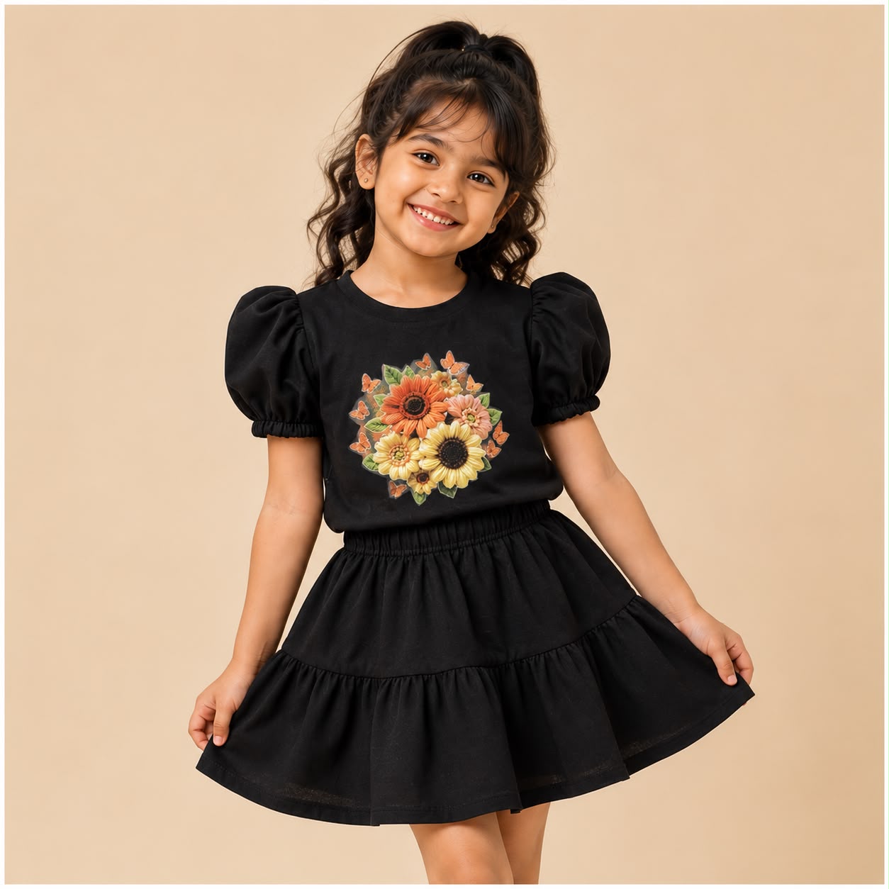 Girl's Black Floral Print co-ord set