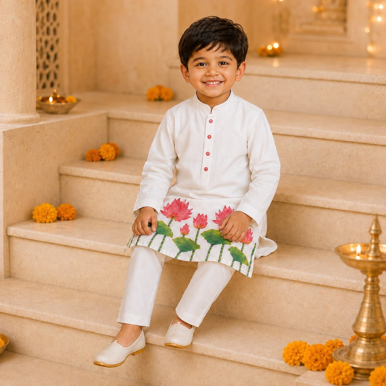 White Cotton Kurta Pajama Set with Lotus Print