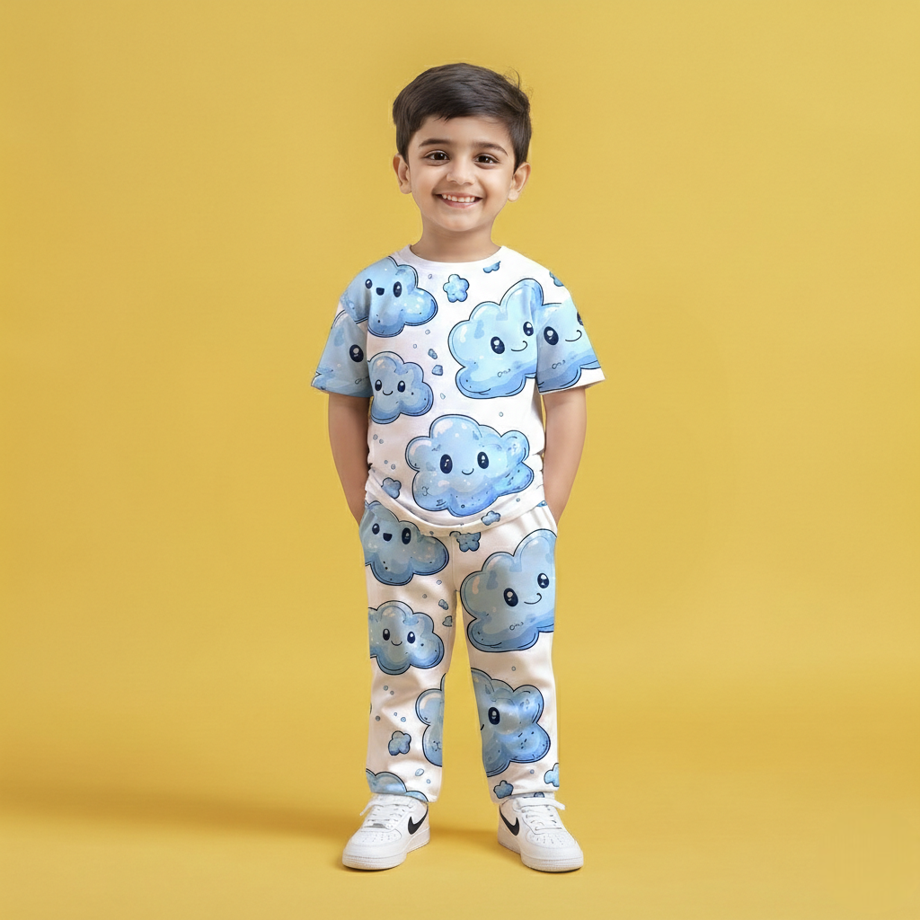 Cute Cloud Half T-shirt & Jogger Co-ord Set
