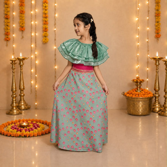 Festive Printed Lehenga Set with Organza Ruffle Top