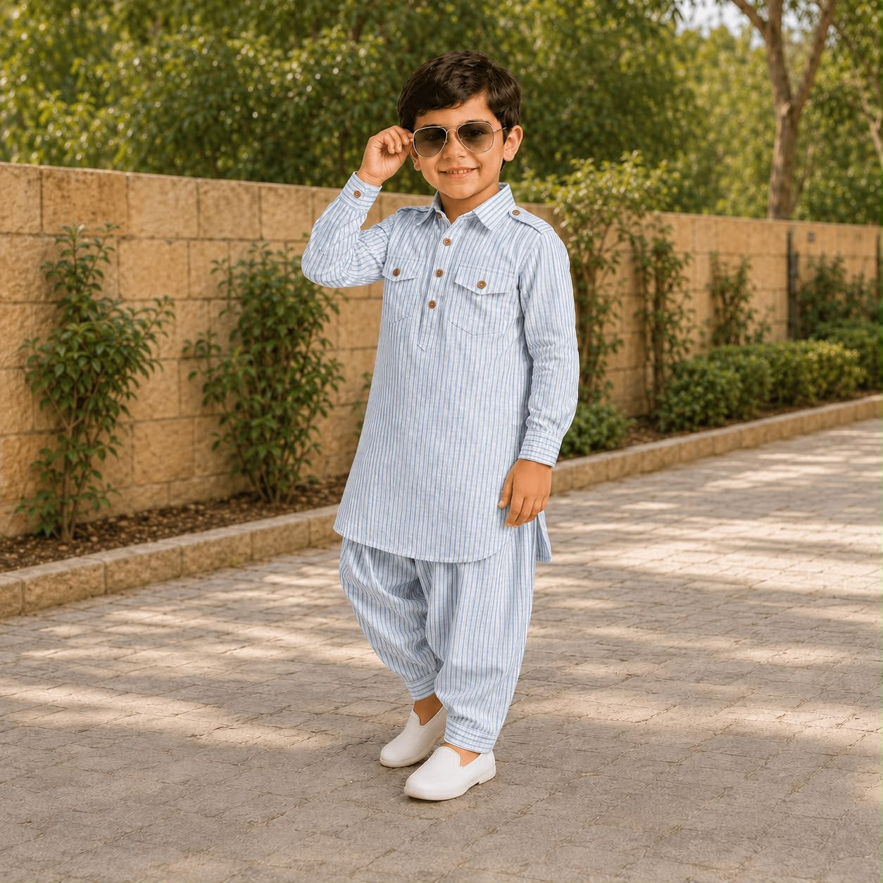 Light Blue Striped Pathani Suit Set