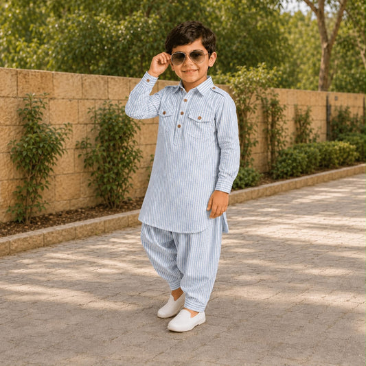 Light Blue Striped Pathani Suit Set