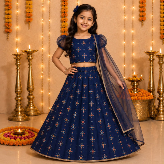 Navy Blue Printed Lehenga Choli Set with Organza Sleeves & Dupatta