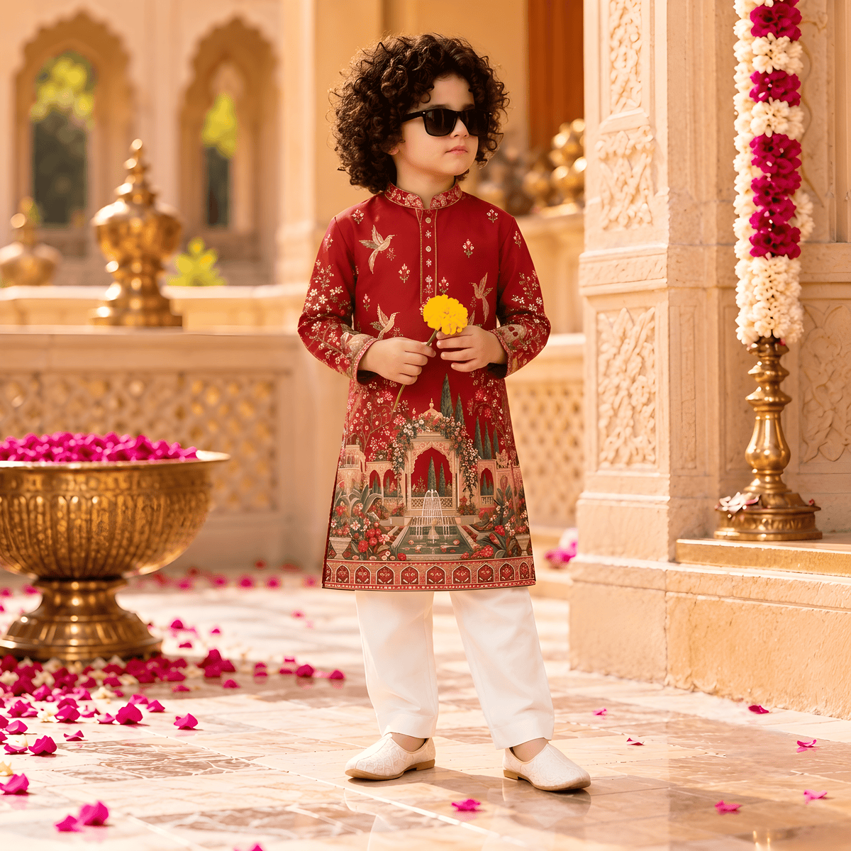 Royal Palace Maroon Printed Kurta Pajama Set for Boys