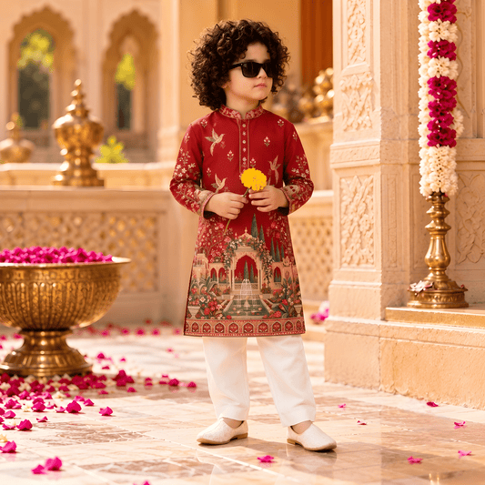 Royal Palace Maroon Printed Kurta Pajama Set for Boys