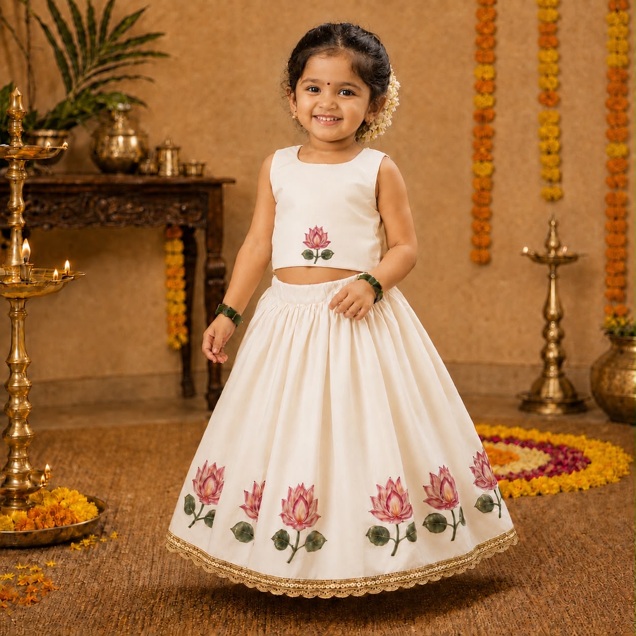 White Lotus Print Lehenga Choli Set
