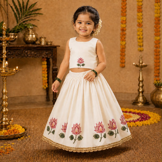 White Lotus Print Lehenga Choli Set