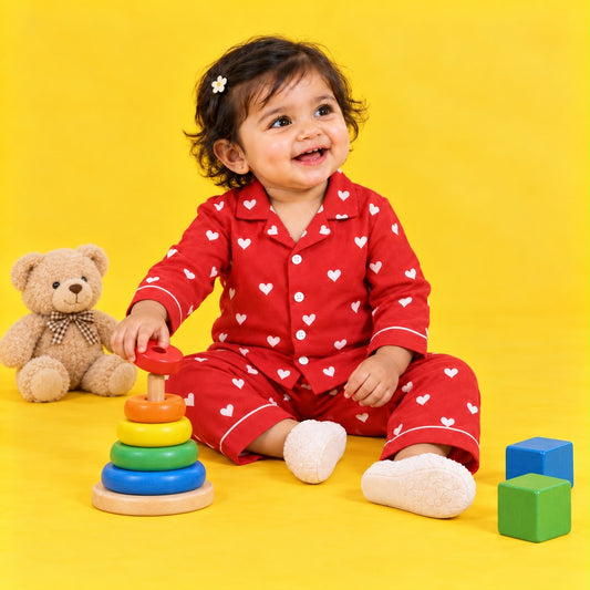 Red Heart Print Sleepwear Set with Matching Bottle Cover & Bag