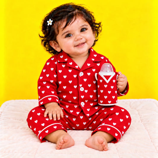 Red Heart Print Sleepwear Set with Matching Bottle Cover & Bag