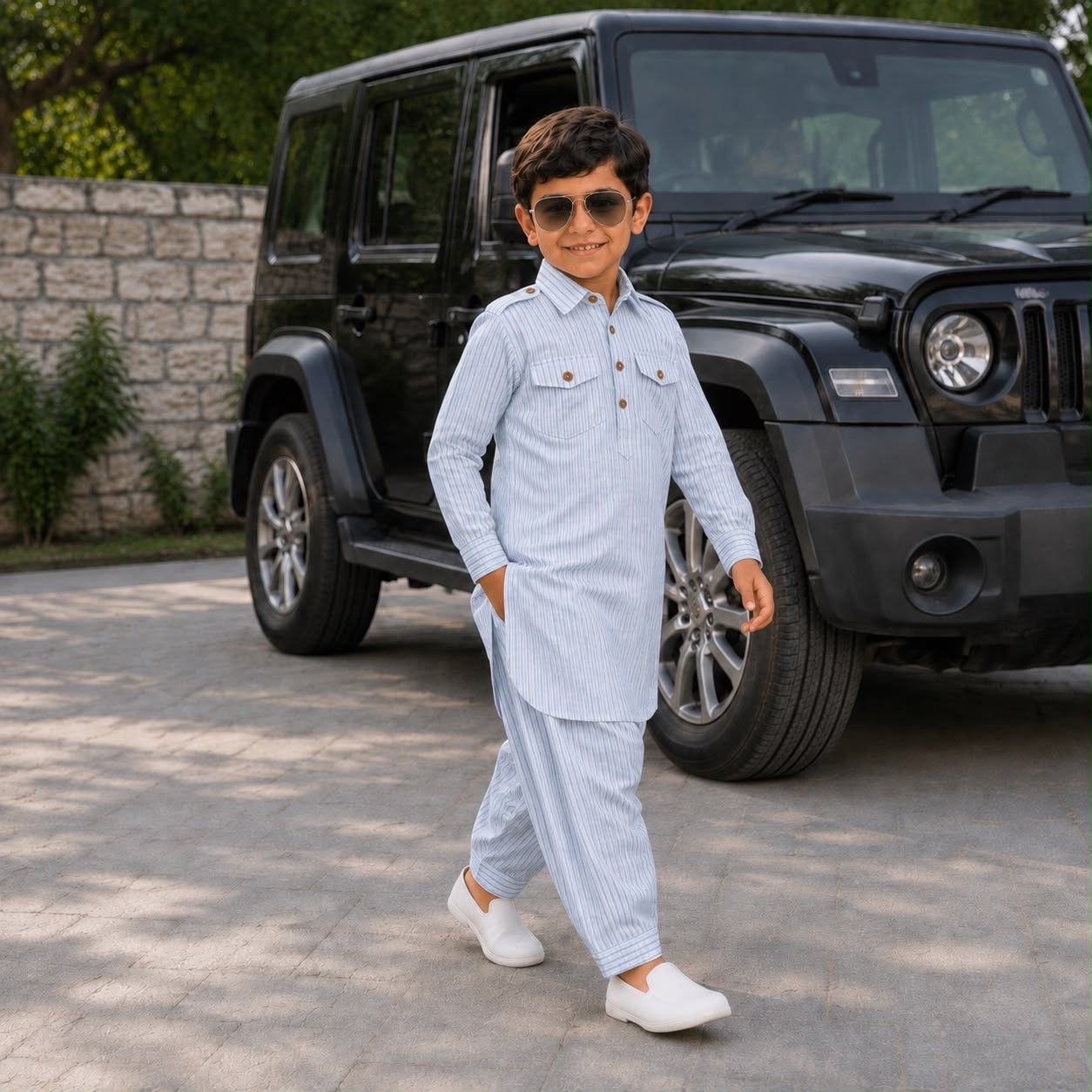 Light Blue Striped Pathani Suit Set