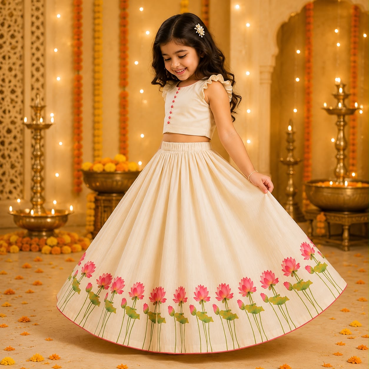 Elegant Lotus floral lehnga choli set.