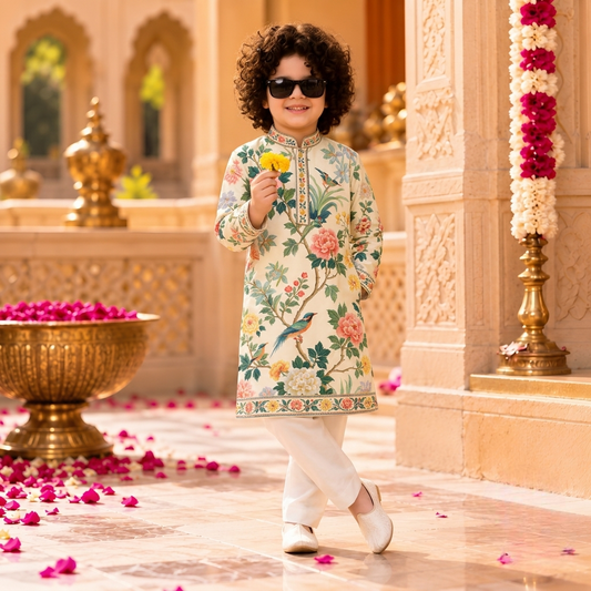 Ivory Floral Charm Printed Kurta Set for Boys