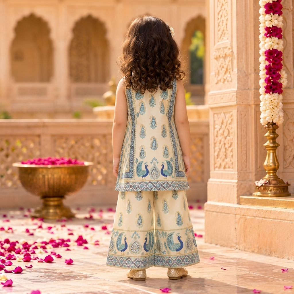 Peacock Charm Cotton Silk Kurta Palazzo Set for Girls