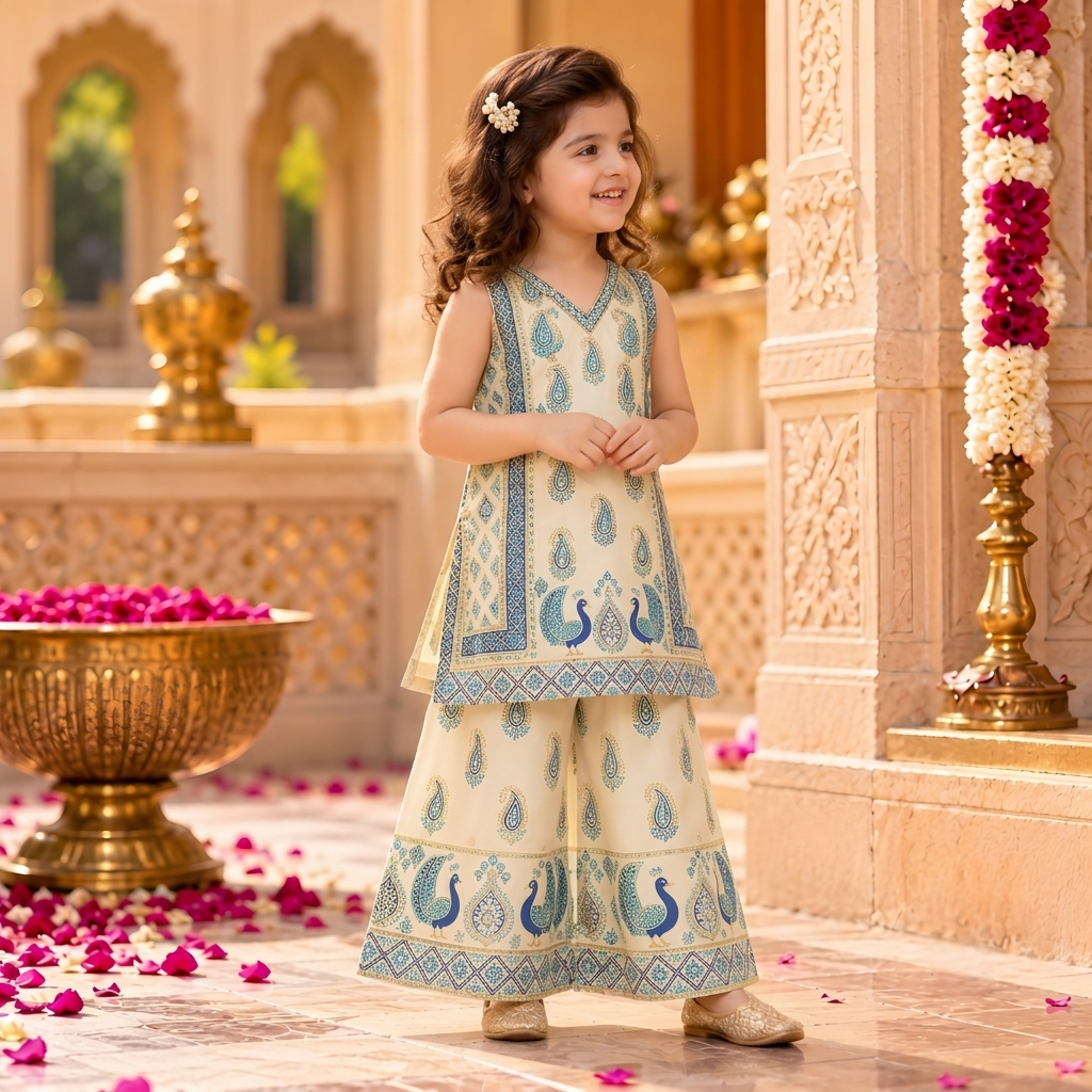 Peacock Charm Cotton Silk Kurta Palazzo Set for Girls