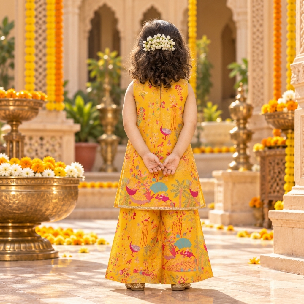 Marigold Yellow Printed Kurta Set for Girls.