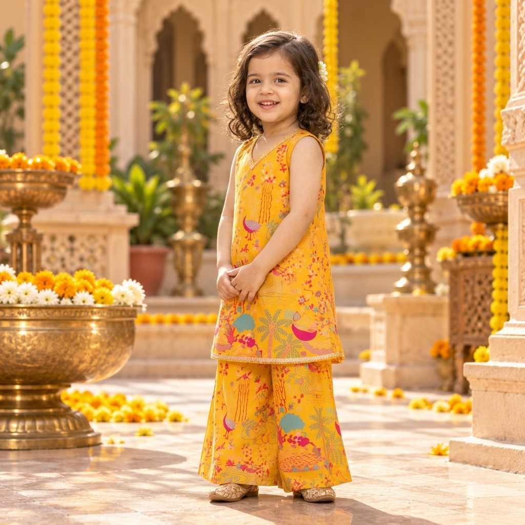 Marigold Yellow Printed Kurta Set for Girls.