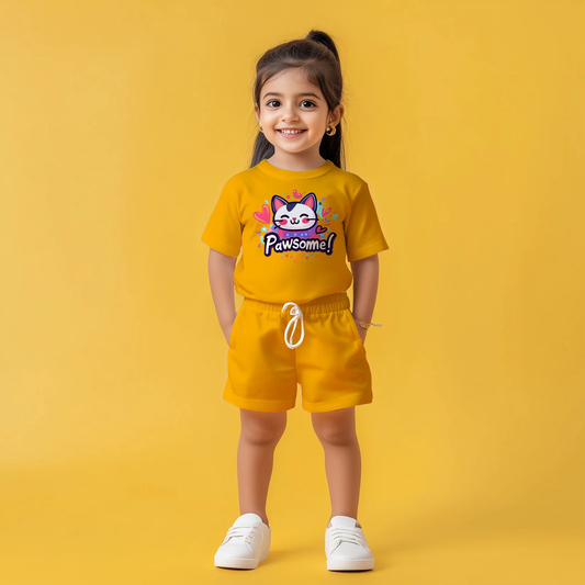 Yellow Pawsome T-shirt & Shorts Kids Co-ord Set