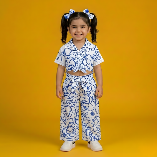 Coastal Bloom Crop Shirt & High-Waisted Pant Set