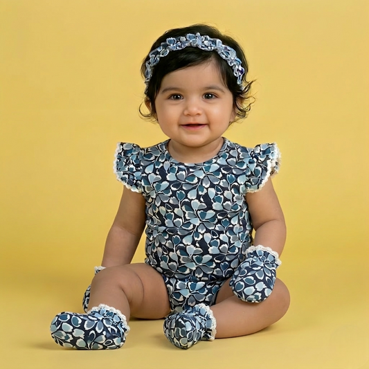 Floral Print Onesies with Hairband & Mittens ,Booties